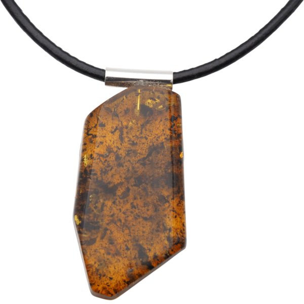 Szczątki organiczne w transparentnym bursztynie i srebro - naszyjnik na rzemieniu