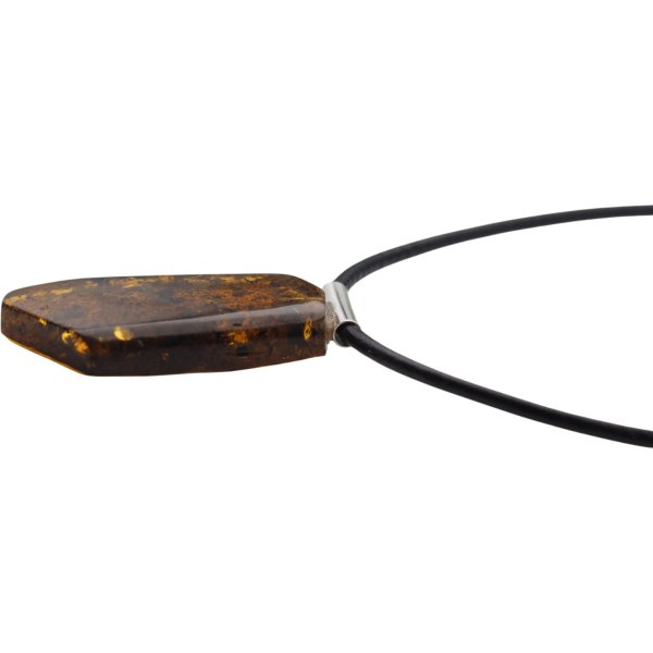 Szczątki organiczne w transparentnym bursztynie i srebro - naszyjnik na rzemieniu