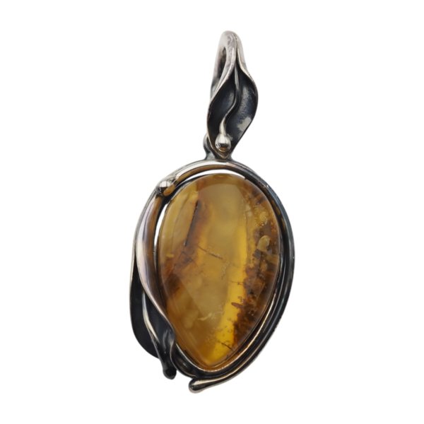 Zawieszka z bursztynem bałtyckim – ręcznie wykonana, srebro oksydowane 925, motyw liści