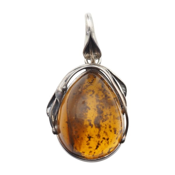 Zawieszka z bursztynem bałtyckim – ręcznie wykonana, srebro oksydowane 925, motyw liści