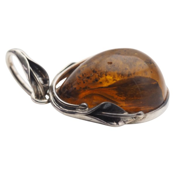 Zawieszka z bursztynem bałtyckim – ręcznie wykonana, srebro oksydowane 925, motyw liści