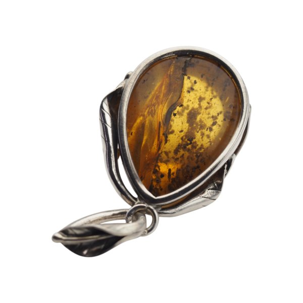 Zawieszka z bursztynem bałtyckim – ręcznie wykonana, srebro oksydowane 925, motyw liści