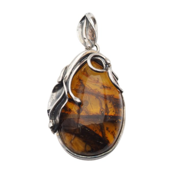 Zawieszka z bursztynem bałtyckim – ręcznie wykonana, srebro oksydowane 925, motyw liści