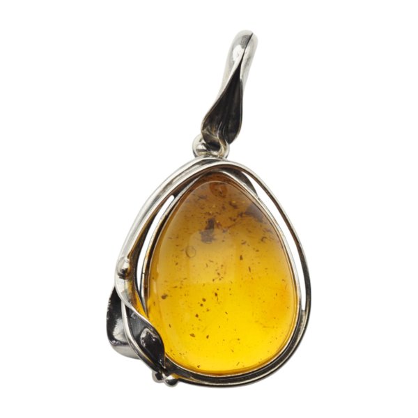 Zawieszka z bursztynem bałtyckim – ręcznie wykonana, srebro oksydowane 925, motyw liści