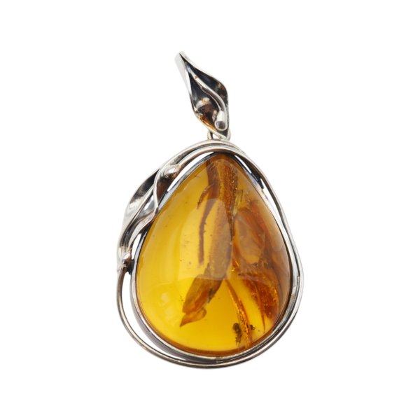 Zawieszka z bursztynem bałtyckim – ręcznie wykonana, srebro oksydowane 925, motyw liści