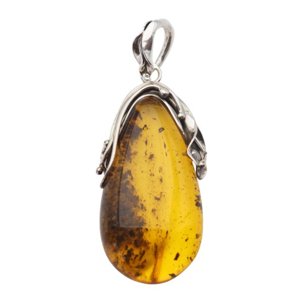 Zawieszka z bursztynem bałtyckim – ręcznie wykonana, srebro oksydowane 925, motyw liści