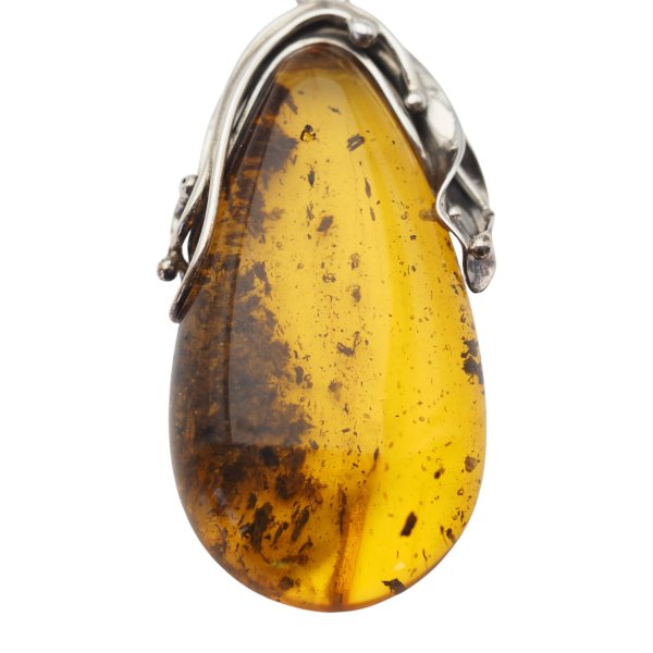 Zawieszka z bursztynem bałtyckim – ręcznie wykonana, srebro oksydowane 925, motyw liści