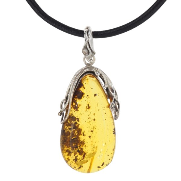 Zawieszka z bursztynem bałtyckim – ręcznie wykonana, srebro oksydowane 925, motyw liści