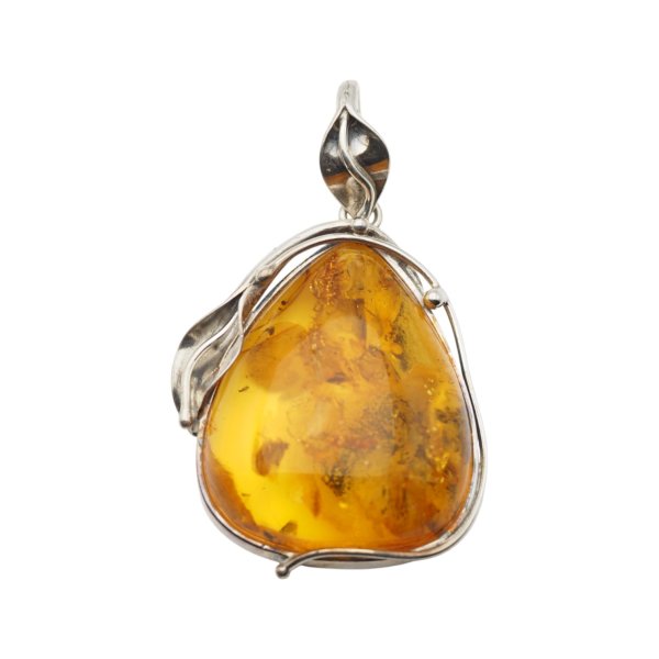 Zawieszka z bursztynem bałtyckim – ręcznie wykonana, srebro oksydowane 925, motyw liści