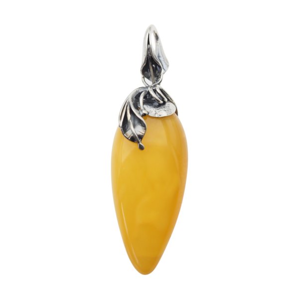 Zawieszka z mlecznym bursztynem – ręcznie wykonana, srebro oksydowane 925, motyw liści