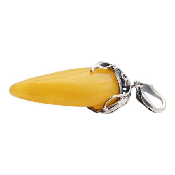 Zawieszka z mlecznym bursztynem – ręcznie wykonana, srebro oksydowane 925, motyw liści