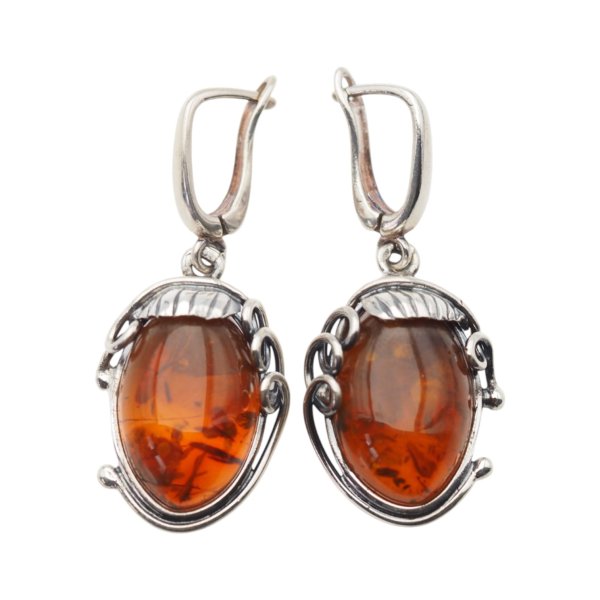 Koniakowy Bursztyn w srebrze oksydowanym - kolczyki owalne