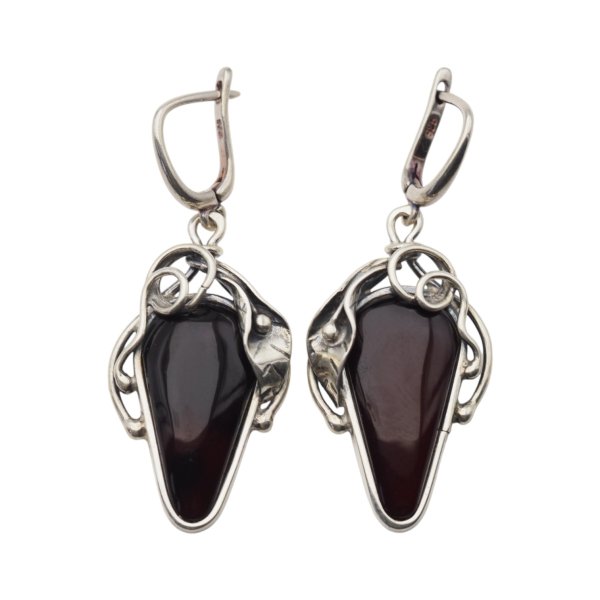 Koniakowy Bursztyn w srebrze - kolczyki łzy