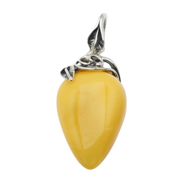 Zawieszka z mlecznym bursztynem – ręcznie wykonana, srebro oksydowane 925, motyw liści