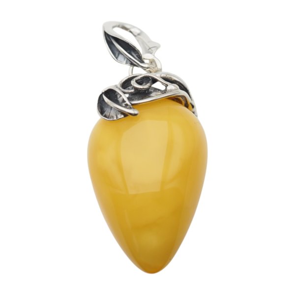 Zawieszka z mlecznym bursztynem – ręcznie wykonana, srebro oksydowane 925, motyw liści