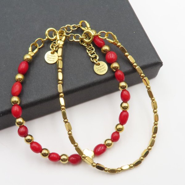 koral czerwony, hematyt i srebro złocone - komplet 2  bransoletek