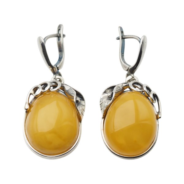Bursztyn mleczny w srebrze oksydowanym - kolczyki łzy z liśćmi