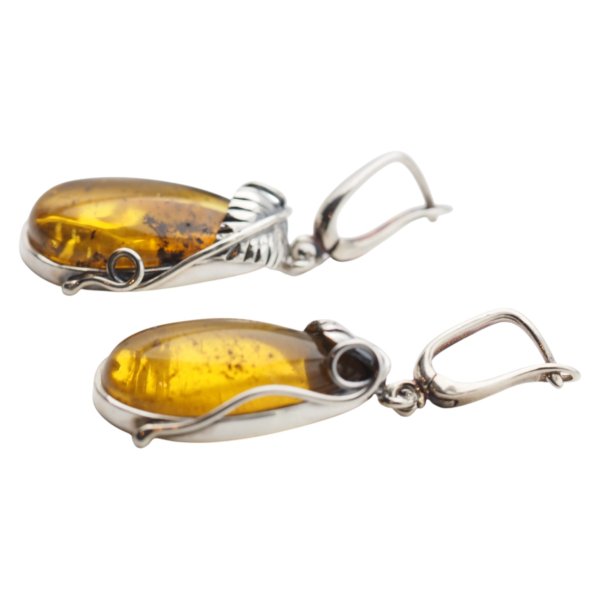 Bursztyn transparentny ze szczątkami organicznymi w srebrze oksydowanym - kolczyki łzy z liśćmi