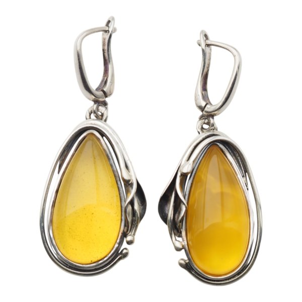 Bursztyn transparentny ze szczątkami organicznymi w srebrze oksydowanym - kolczyki łzy z liśćmi
