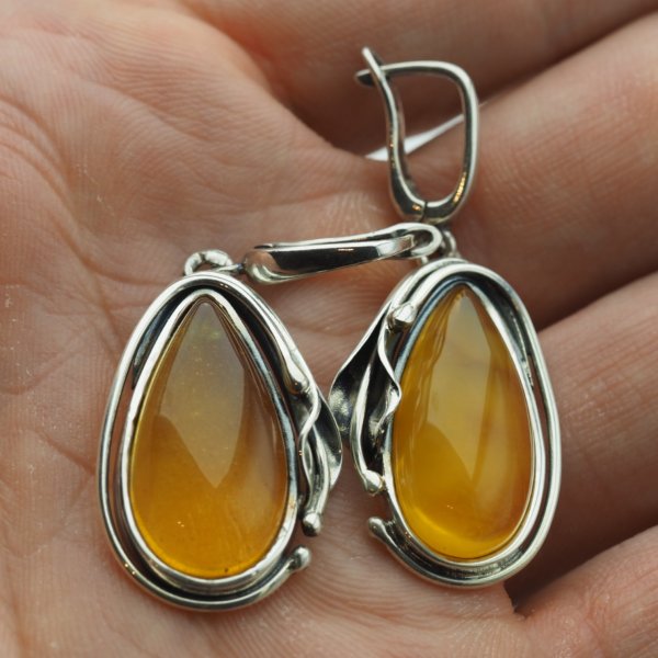 Bursztyn transparentny ze szczątkami organicznymi w srebrze oksydowanym - kolczyki łzy z liśćmi