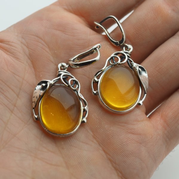 Bursztyn transparentny ze szczątkami organicznymi w srebrze oksydowanym - kolczyki owal z liśćmi
