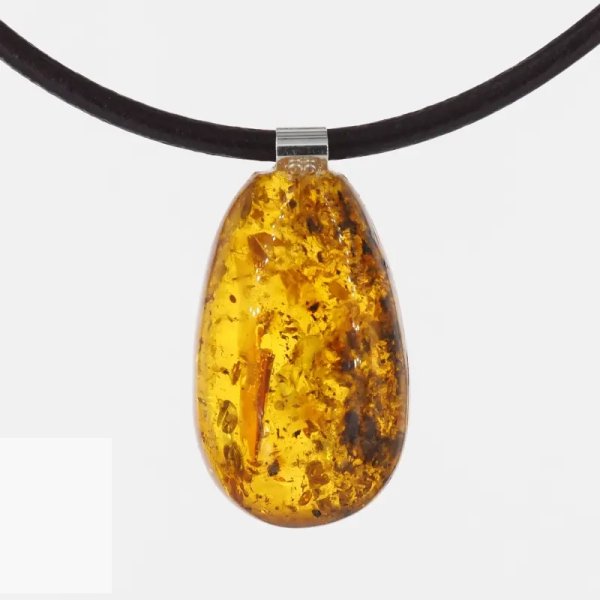 Koniakowy Naturalny Bursztyn i srebro - naszyjnik na rzemieniu