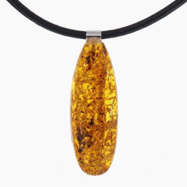 Naturalny Bursztyn z łuskami i srebro - naszyjnik na rzemieniu