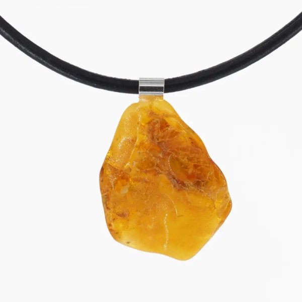 Surowy Naturalny Bursztyn mleczny i srebro - naszyjnik na rzemieniu 50 cm