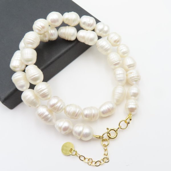 Perły Naturalne, białe i srebro złocone - naszyjnik choker 42cm