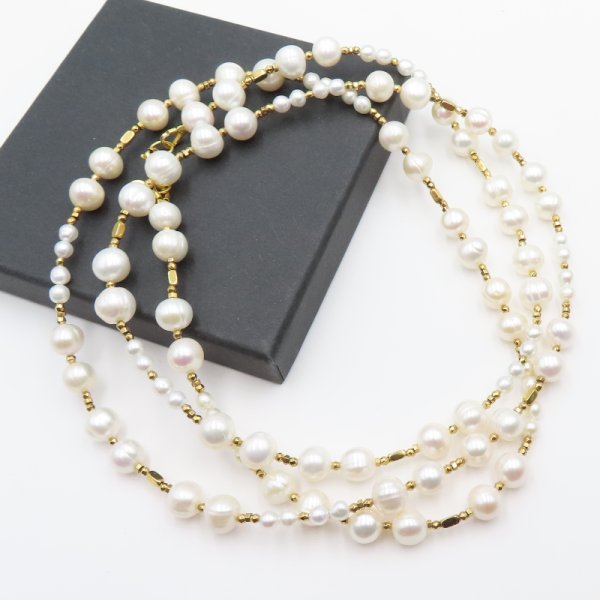 Perły Naturalne, hematyt i srebro złocone - długi naszyjnik 