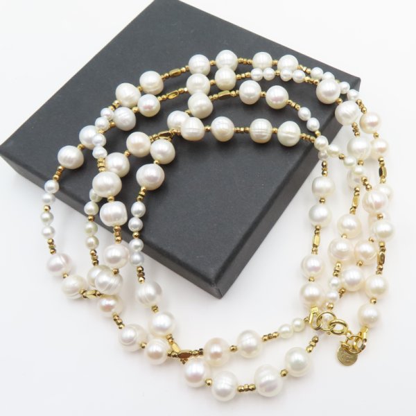 Perły Naturalne, hematyt i srebro złocone - długi naszyjnik 