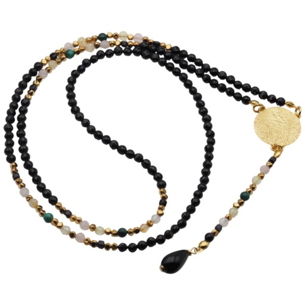 Turmalin czarny, cytryn, kwarc różowy, malachit i srebro złocone - długi naszyjnik 