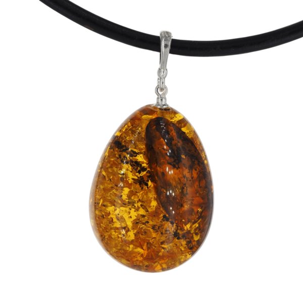 Naszyjnik z bursztynem łza z łuskami – srebro 925, ręcznie wykonany