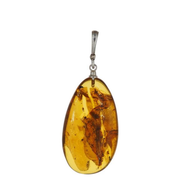 Bursztyn z inkluzją roślinną i srebro rodowane - zawieszka