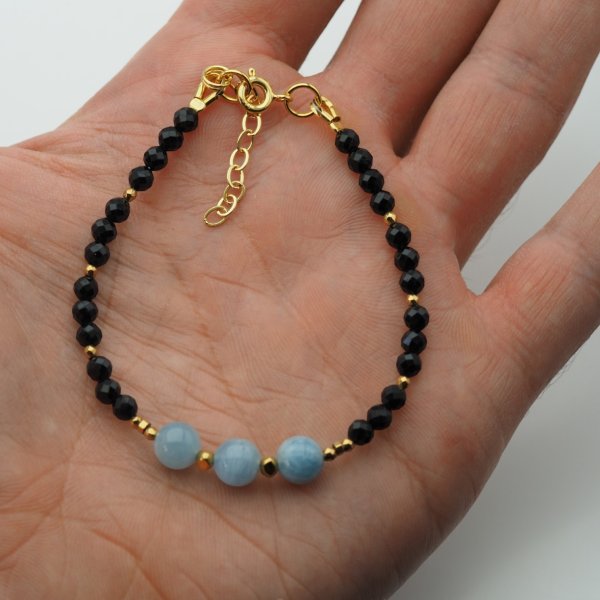 Bransoletka z turmalinem i akwamarynem – złoty hematyt, srebro pozłacane 925