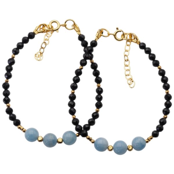 Bransoletka z turmalinem i akwamarynem – złoty hematyt, srebro pozłacane 925