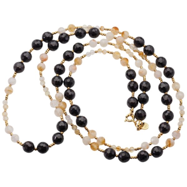 Długi naszyjnik z turmalinem i cytrynem – złoty hematyt, srebro pozłacane 925