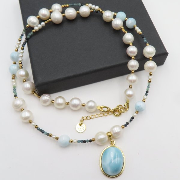 Mix Kamieni i srebro złocone  -  naszyjnik z zawieszką LARIMAR UNIKAT