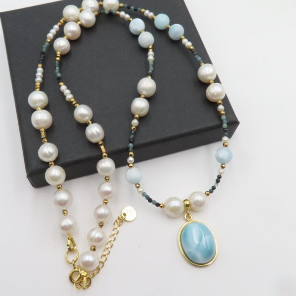 Mix Kamieni i srebro złocone  -  naszyjnik z zawieszką LARIMAR UNIKAT