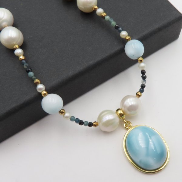 Mix Kamieni i srebro złocone  -  naszyjnik z zawieszką LARIMAR UNIKAT