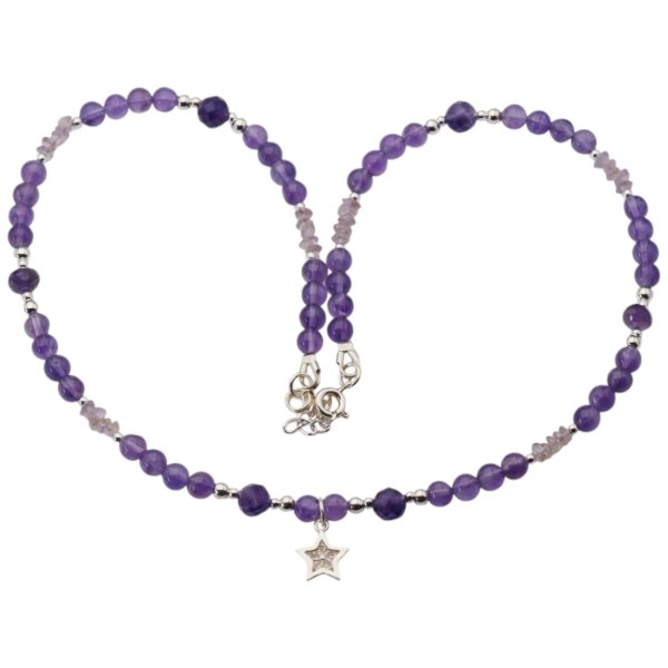 Naszyjnik z ametystem i srebrnym hematytem – gwiazda, srebro 925