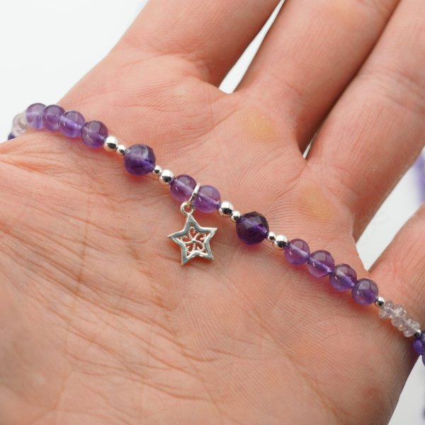 Naszyjnik z ametystem i srebrnym hematytem – gwiazda, srebro 925