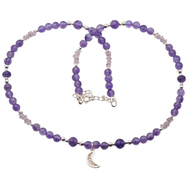 Naszyjnik z ametystem i srebrnym hematytem – księżyc, srebro 925