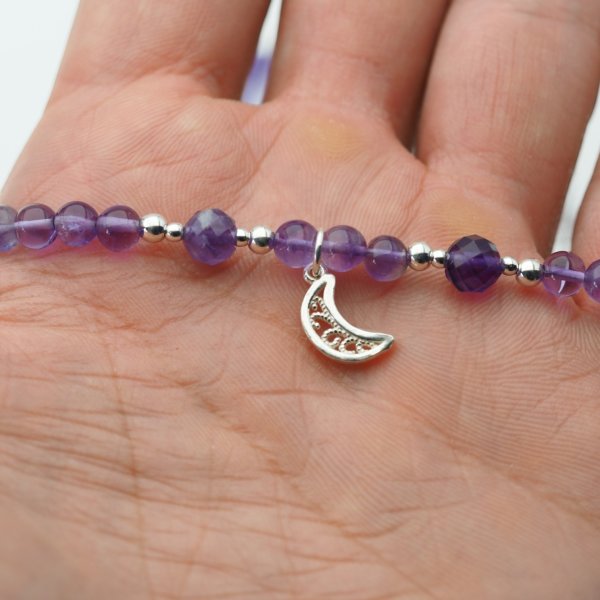 Naszyjnik z ametystem i srebrnym hematytem – księżyc, srebro 925