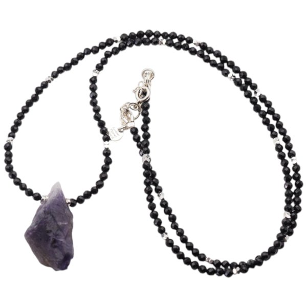 Naszyjnik z czarnego turmalinu i surowego ametystu – srebro 925, hematyt
