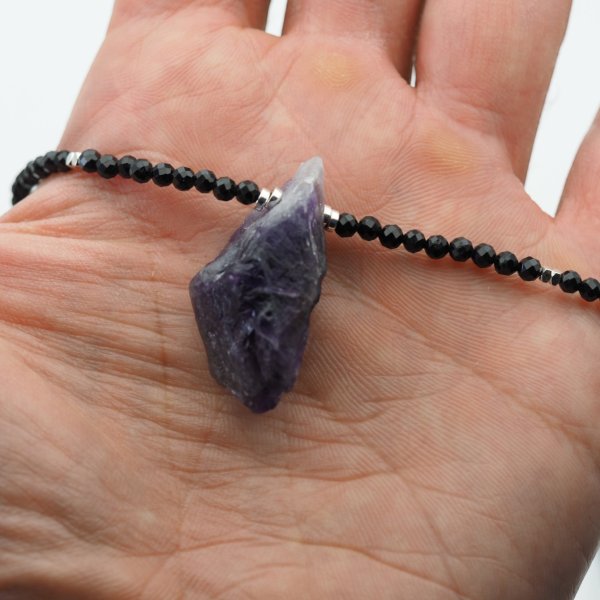 Naszyjnik z czarnego turmalinu i surowego ametystu – srebro 925, hematyt