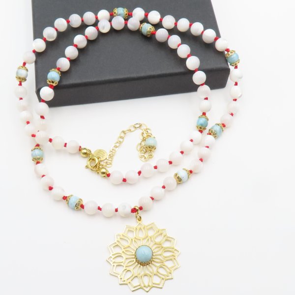 Larimar, Muszla i srebro złocone - naszyjnik supełkowany BOHO