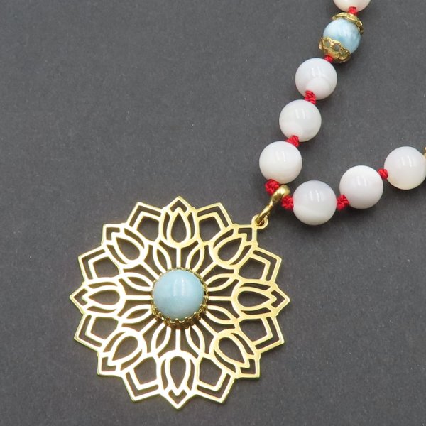 Larimar, Muszla i srebro złocone - naszyjnik supełkowany BOHO