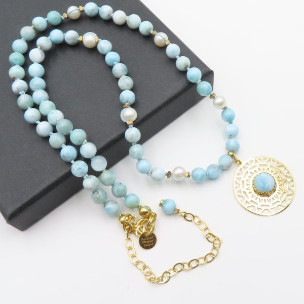 Larimar, Perły i srebro złocone - naszyjnik supełkowany BOHO