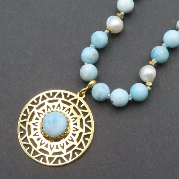Larimar, Perły i srebro złocone - naszyjnik supełkowany BOHO